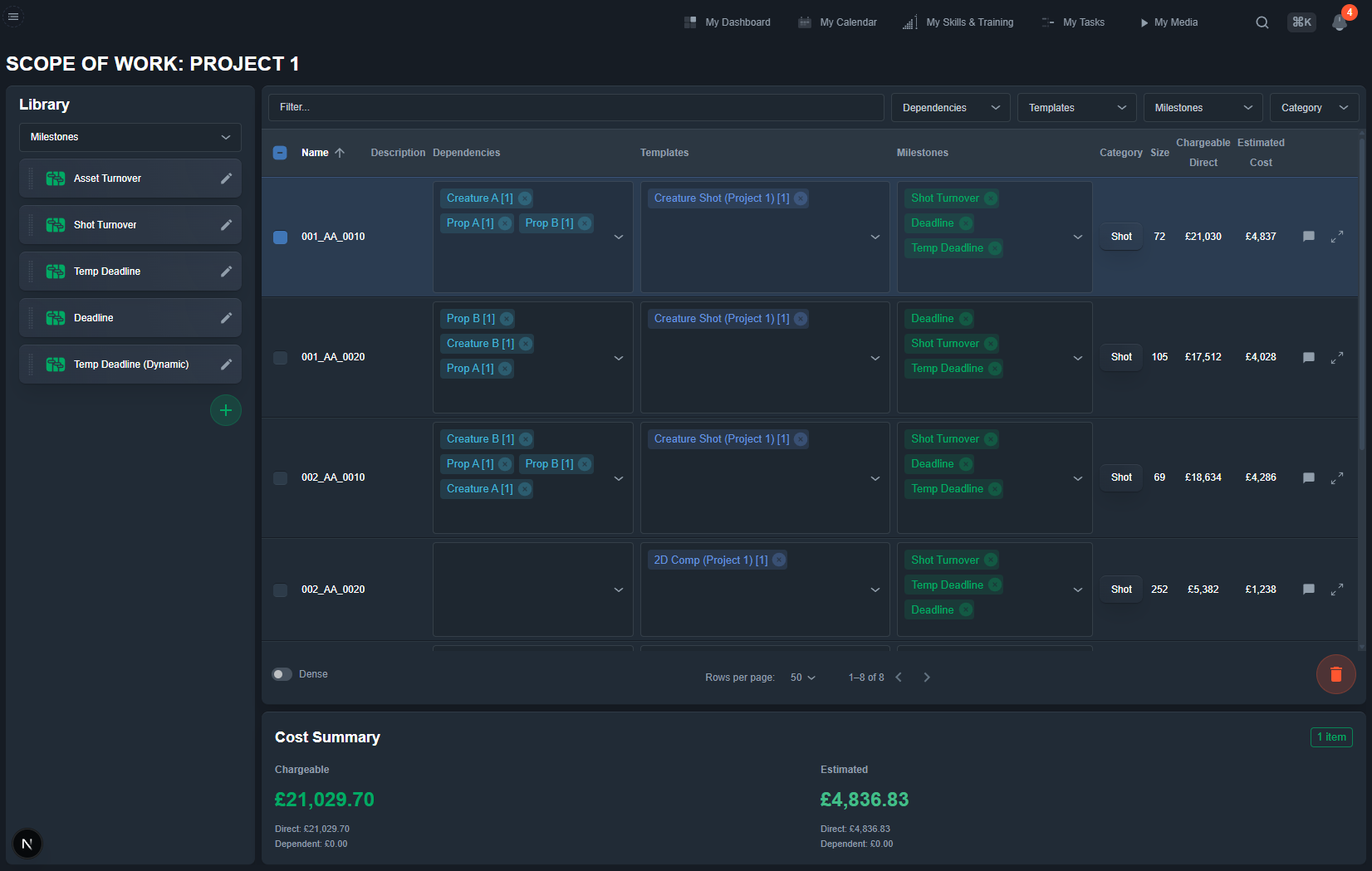 Filament scope of work and bidding interface